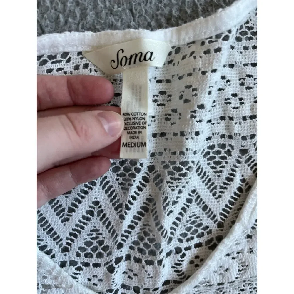 Soma Coverup Mini Dress Medium Crochet Open Knit Sheer Long Sleeve White Beach - Picture 8 of 14